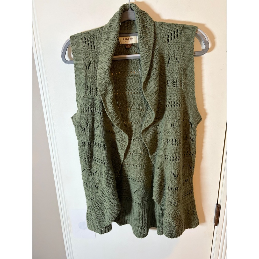 Sonoma Life Style Womens Olive Green Knit Open Front Cardigan Vest Large